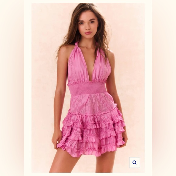 Love Shack Fancy- Quintelle Ruffle Halter Mini Dress- Tulip Pink - Picture 7 of 13